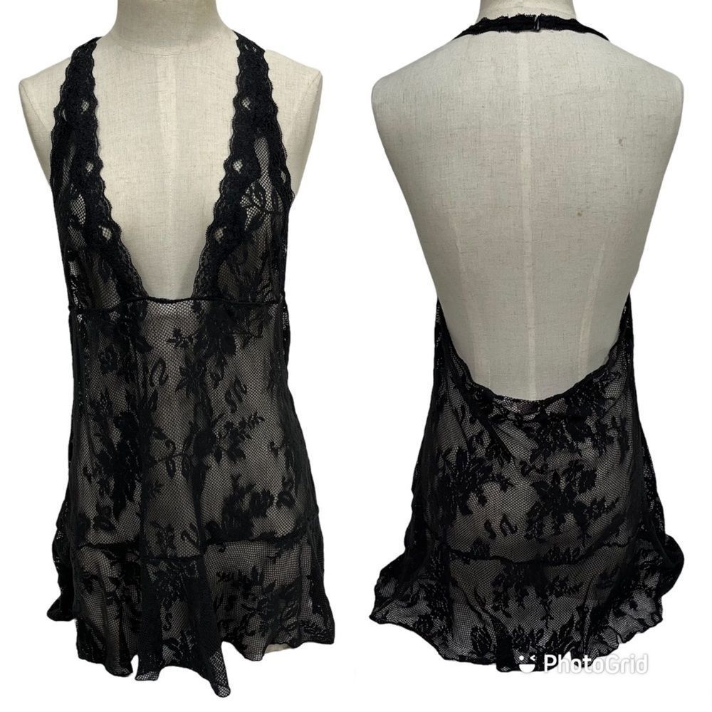Victoria’s Secret large lingerie slip dress black lace halter - Picture 1 of 11
